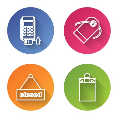 Satır Pos terminalini eklenen kredi kartı, boş etiket şablon fiyat etiketi, metin Kapalı ve Kağıt alışveriş çantası ile asma işareti ile ayarla. Renkli daire düğmesi. Vektör