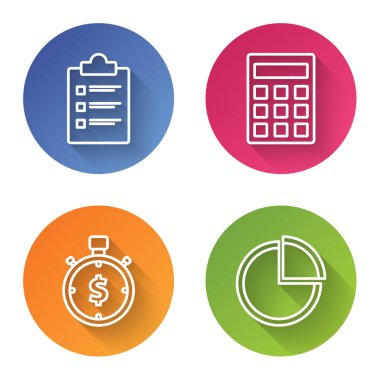 Satır panosunu kontrol listesi, hesap makinesi, zaman para ve pasta grafiği bilgisiyle ayarla. Renkli daire düğmesi. Vektör