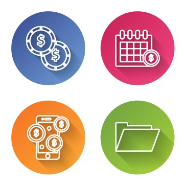 Dolar sembollü bozuk para, finans takvimi, dolar sembollü akıllı telefon ve belge klasörü. Renkli daire düğmesi. Vektör