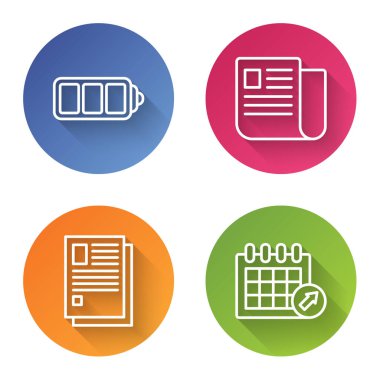 Satır Batarya yükleme seviyesi göstergesi, Dosya belgesi, Dosya belgesi ve Takvimi ayarla. Renkli daire düğmesi. Vektör