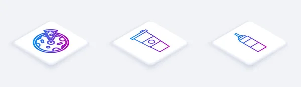 アイソメトリックラインピザ ペーパーグラス ソースボトルをセットします 白い四角形のボタン ベクトル — ストックベクタ