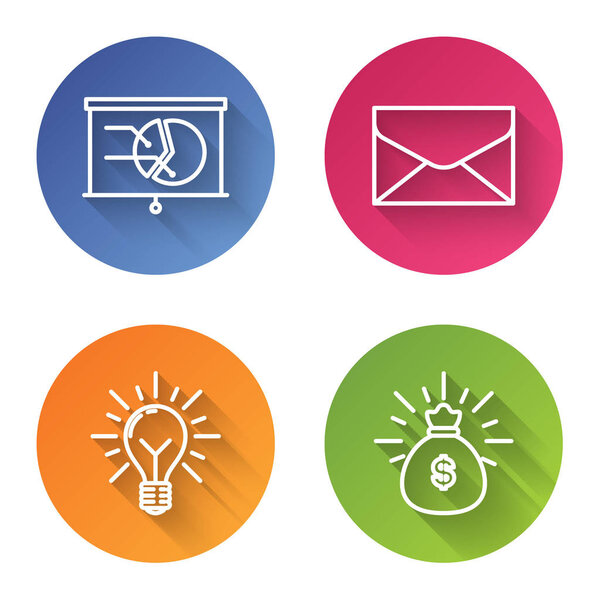 Установите линейку с графическим графиком, энциклопедией, лампочкой с дождем и концепцией идеи и денежного мешка. Кнопка цветного круга. Вектор
