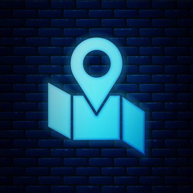 Parlayan neon kaplı harita, tuğla duvar arka planında izole edilmiş konum belirleyici simgesi. Vektör İllüstrasyonu