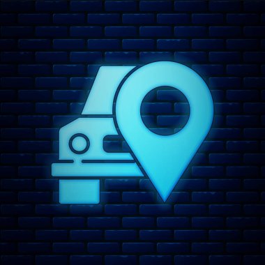 Duvarda izole edilmiş bir taksi ikonu olan parlak neon harita işaretçisi. Konum sembolü. Vektör İllüstrasyonu