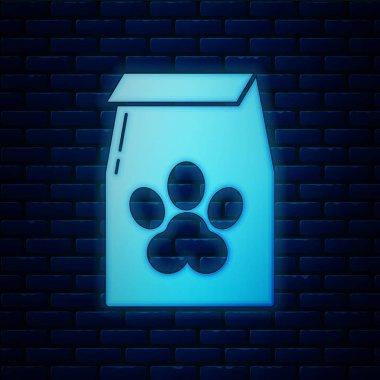 Tuğla duvar arka plan izole evcil hayvan simgesi için gıda Parlayan neon Çanta. Hayvanlar için yiyecek. Evcil hayvan yiyecek paketi. Köpek ya da kedi pençesi izi. Vektör İllüstrasyonu
