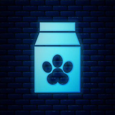 Tuğla duvar arka plan izole evcil hayvan simgesi için gıda Parlayan neon Çanta. Hayvanlar için yiyecek. Evcil hayvan yiyecek paketi. Köpek ya da kedi pençesi izi. Vektör İllüstrasyonu
