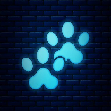 Tuğla duvar arka planda izole parlayan neon Paw baskı simgesi. Köpek ya da kedi pençesi izi. Hayvan izi. Vektör İllüstrasyonu