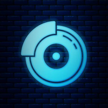 Tuğla duvarda izole edilmiş kalibre simgesi olan parlak neon araba fren diski. Vektör İllüstrasyonu