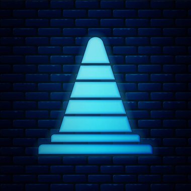 Parlayan neon trafik konisi simgesi tuğla duvar arka planında izole edildi. Vektör İllüstrasyonu