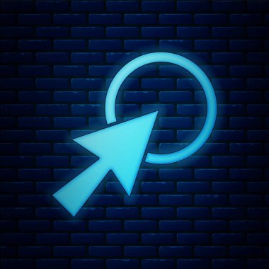 Parlayan neon ok imleç simgesi tuğla duvar arka planında izole edildi. Vektör İllüstrasyonu