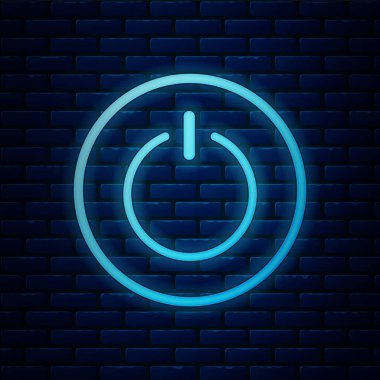 Parlayan neon güç simgesi tuğla duvar arka planında izole edildi. Başlat işareti. Vektör İllüstrasyonu