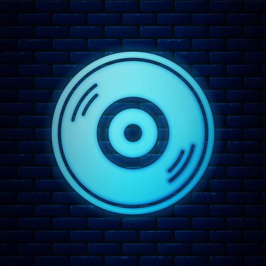Parlayan neon plastik disk simgesi tuğla duvar arka planında izole edildi. Vektör İllüstrasyonu