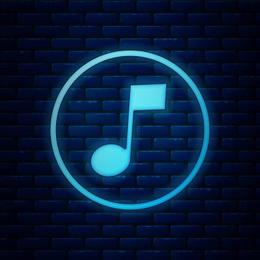 Parlayan neon müzik notası, ton simgesi tuğla duvar arkasında izole edilmiş. Vektör İllüstrasyonu