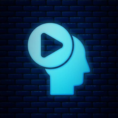 Çalma düğmesi simgesi olan parlak neon başlılar tuğla duvar arka planında izole edilmiş. Vektör İllüstrasyonu