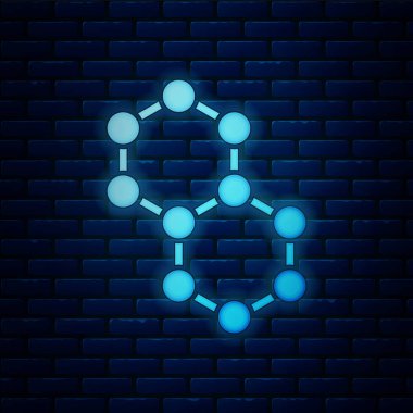 Parlayan neon molekül simgesi tuğla duvar arka planında izole edilmiş. Kimya moleküllerinin yapısı, fen öğretmenlerinin yenilikçi eğitim posteri. Vektör İllüstrasyonu