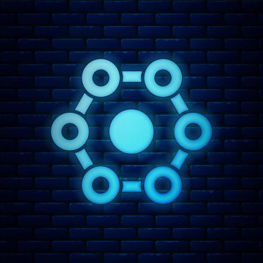 Parlayan neon kimyasal formül ikonu tuğla duvar arka planında izole edildi. Yenilikçi tıp, sağlık, araştırma ve bilim için soyut altıgen. Vektör İllüstrasyonu