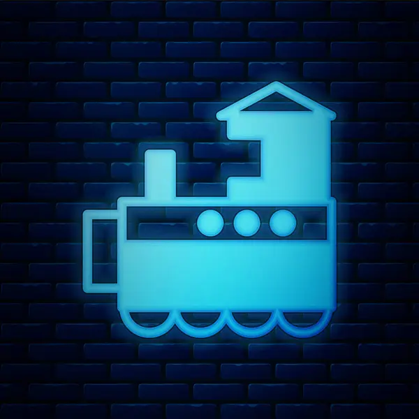 Glowing neon Toy train icon isolated on brick wall background. Vector Illustration — Stock Vector