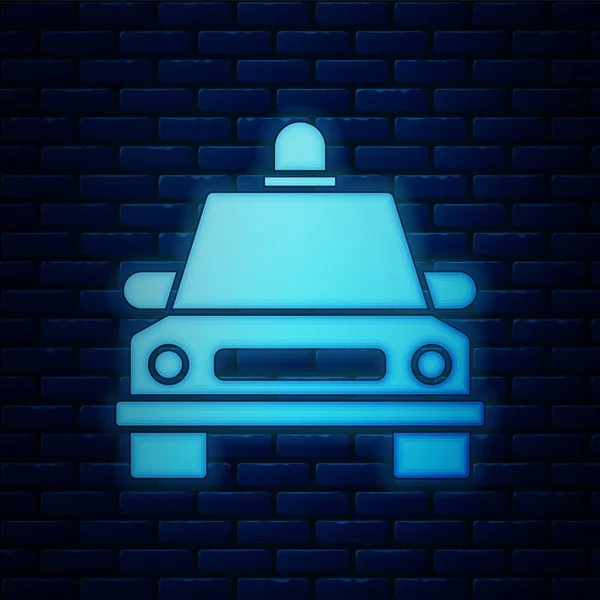 Leuchtende Neon-Taxi-Auto-Ikone isoliert auf Backsteinwand Hintergrund. Vektorillustration — Stockvektor