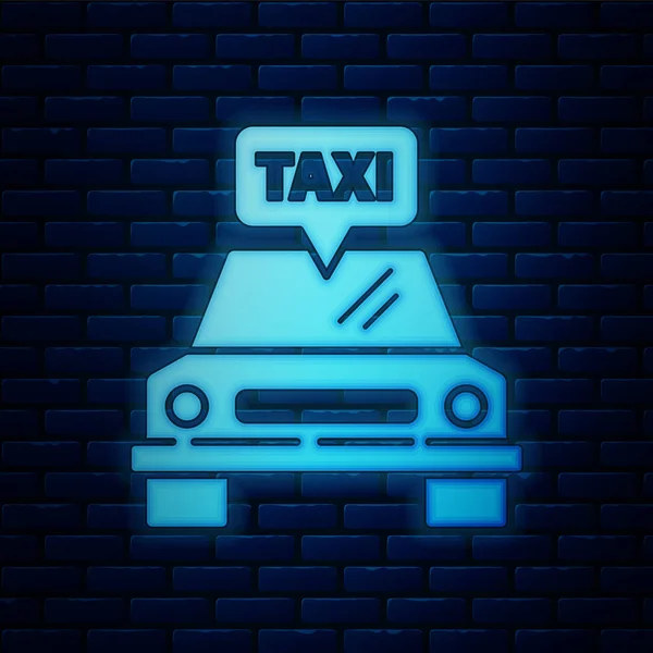 Glowing neon Taxi car icon isolated on brick wall background. Vector Illustration — Stock Vector