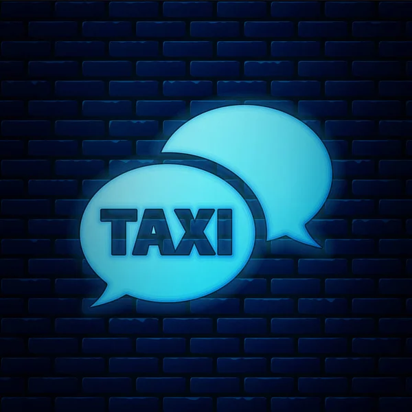 Néon brilhante Táxi chamada telefone serviço ícone isolado no fundo da parede de tijolo. Símbolo da bolha de fala. Táxi para smartphone. Ilustração vetorial —  Vetores de Stock
