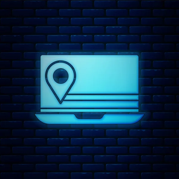Glowing neon Laptop with location marker icon isolated on brick wall background. Vector Illustration — ストックベクタ