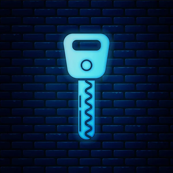 Icono de la llave del coche de neón brillante aislado en el fondo de la pared de ladrillo. Ilustración vectorial — Vector de stock