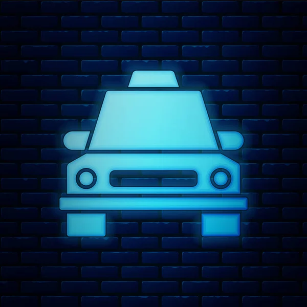 Glowing neon Taxi car icon isolated on brick wall background. Vector Illustration — Stock Vector
