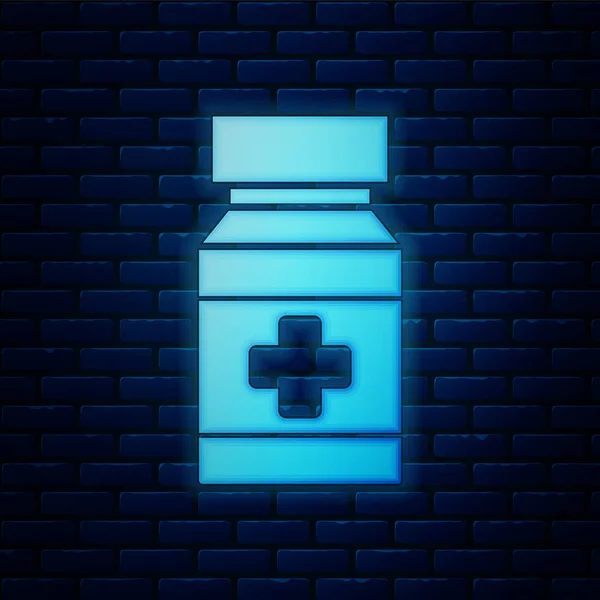 Brilhante neon Dog garrafa de remédio e pílulas ícone isolado no fundo da parede de tijolo. Recipiente com comprimidos. Medicamento prescrito para animais. Ilustração vetorial — Vetor de Stock