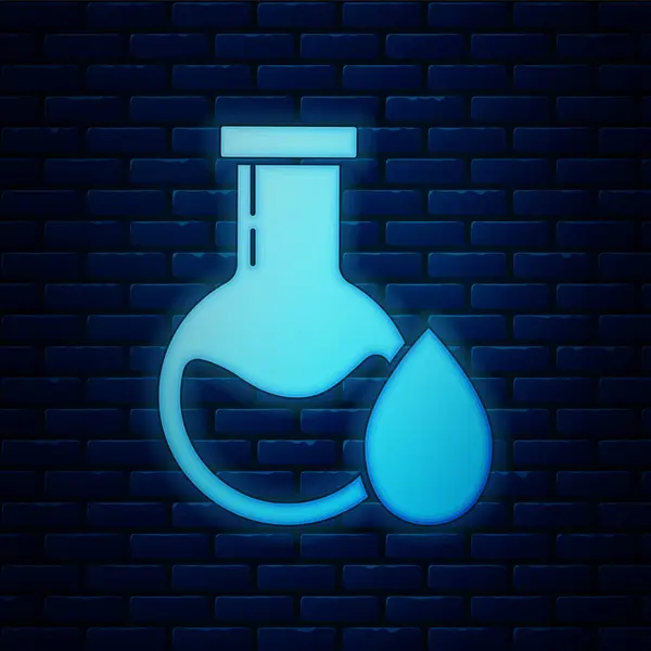 Gloeiende neon Oil test tube pictogram geïsoleerd op baksteen muur achtergrond. Vector Illustratie — Stockvector