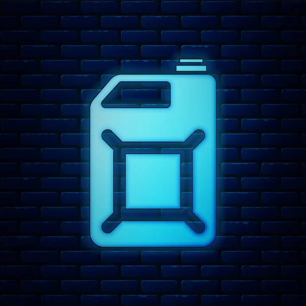 Glowing neon Canister for gasoline icon isolated on brick wall background. Diesel gas icon. Vector Illustration — Stock Vector