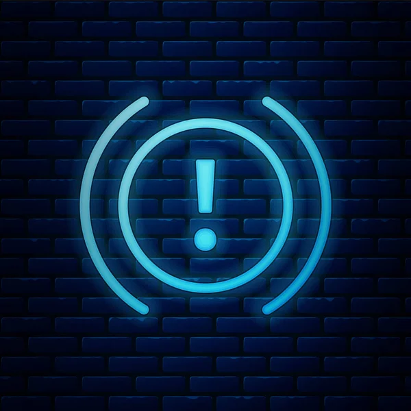 Zářící neon Brzdový systém varování ikona izolované na pozadí cihlové zdi. V autě je vykřičník. Pozor na palubní desku. Vektorová ilustrace — Stockový vektor