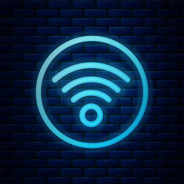 Leuchtendes neonfarbenes Symbol des drahtlosen Internet-Netzwerks Wi-Fi isoliert auf dem Backsteinhintergrund. Vektorillustration — Stockvektor