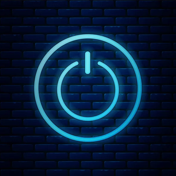 Icona luminosa al neon pulsante di accensione isolato su sfondo muro di mattoni. Inizia a segno. Illustrazione vettoriale — Vettoriale Stock