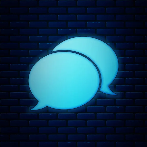 Zářící ikona bubliny na neonové řeči, izolovaná na pozadí cihlové zdi. Ikona zprávy. Symbol rozhovoru pro komunikaci nebo komentář. Vektorová ilustrace — Stockový vektor