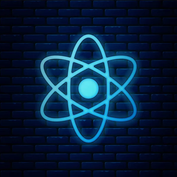 Ragyogó neon Atom ikon elszigetelt téglafal háttér. A tudomány, az oktatás, a nukleáris fizika és a tudományos kutatás szimbóluma. Vektorillusztráció — Stock Vector
