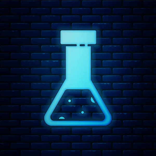 发光的霓虹灯试管和烧瓶化学实验室测试图标隔离在砖墙背景。 实验室玻璃器皿标志。 病媒图解 — 图库矢量图片
