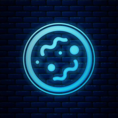 Tuğla duvar arka planda izole Neon bakteri simgesi parlayan. Bakteriler ve mikroplar, mikroorganizma hastalığı neden, hücre kanseri, mikrop, virüs, mantar. Vektör Illustration
