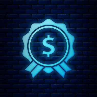 Tuğla duvar arka planda izole dolar simgesi ile Parlayan neon Fiyat etiketi. Fiyat için rozet. Dolar sembolü ile satış. Promosyon etiket indirimi. Vektör İllüstrasyonu