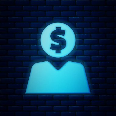 Işıldayan neon iş adamı tuğla duvar arkasında izole edilmiş zihin ikonu planlıyor. Dolarlı insan kafası. Para kazanmak için bir fikir. Yatırım artışı. Vektör İllüstrasyonu
