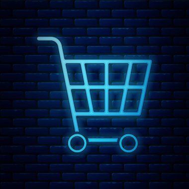 Parlayan neon alışveriş arabası simgesi tuğla duvar arkasında izole edilmiş. İnternetten satın alma konsepti. Servis tabelası. Süpermarket sepeti sembolü. Vektör İllüstrasyonu