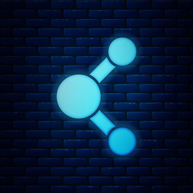 Parlayan neon paylaşım simgesi tuğla duvar arka planında izole edildi. Paylaşma, iletişim piktogramı, sosyal medya, bağlantı, ağ, dağıtım işareti. Vektör İllüstrasyonu