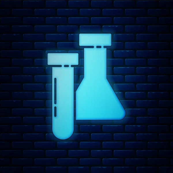 Leuchtende Neon-Reagenzglas und Kolben chemischen Labortest Symbol isoliert auf Backsteinwand Hintergrund. Laborgläser. Vektorillustration — Stockvektor