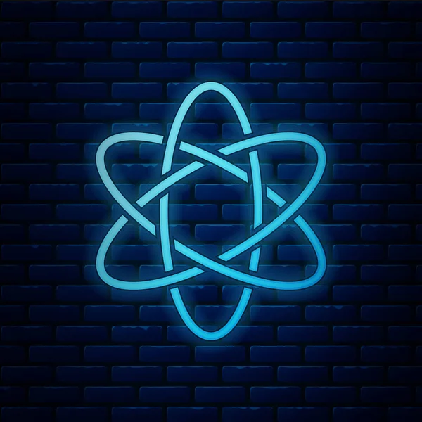 Néon lumineux icône atome isolé sur fond de mur de briques. Symbole de la science, de l'éducation, de la physique nucléaire, de la recherche scientifique. Illustration vectorielle — Image vectorielle