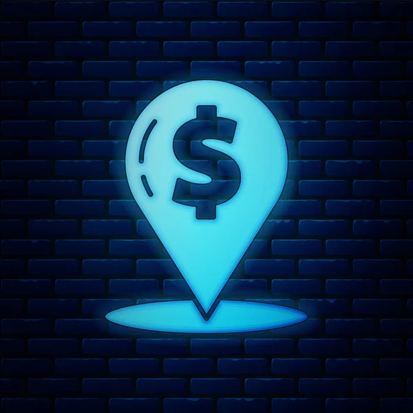 Icona luminosa al neon Cash posizione pin isolato su sfondo muro di mattoni. Puntatore e simbolo del dollaro. Posizione dei soldi. Concetto di business e investimento. Illustrazione vettoriale — Vettoriale Stock