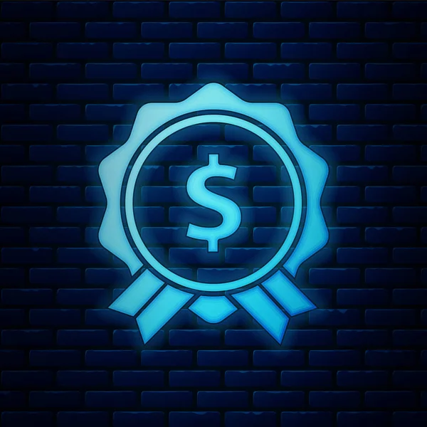 Zářící neonový cenový tag se symbolem dolaru izolovaným na pozadí cihlové zdi. Odznak za cenu. Prodej se symbolem dolaru. Propagační sleva Vektorová ilustrace — Stockový vektor