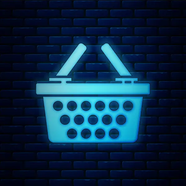 Gloeiende neon Shopping basket icoon geïsoleerd op bakstenen muur achtergrond. Online kopen concept. Bezorging bord. Winkelwagensymbool. Vector Illustratie — Stockvector