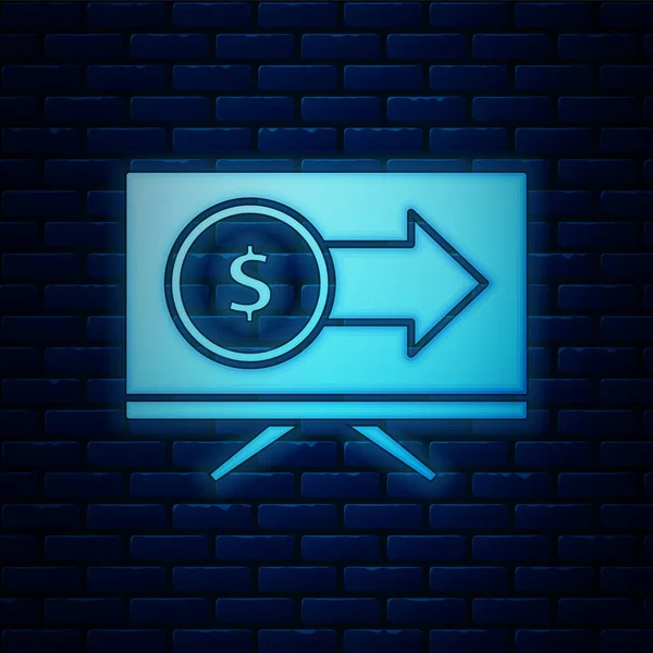 Ragyogó neon monitor dollár szimbólum ikon elszigetelt téglafal háttér. Online vásárlási koncepció. Keresetek az interneten, marketing. Vektorillusztráció — Stock Vector