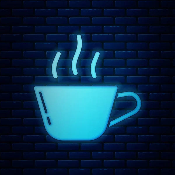 Parlayan neon kahve fincanı simgesi tuğla duvar arkasında izole edilmiş. Çay fincanı. Sıcak içecek kahvesi. Vektör İllüstrasyonu — Stok Vektör