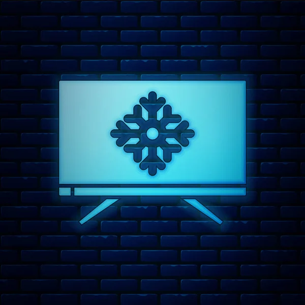 Néon brilhante Feliz Natal na televisão e ícone floco de neve isolado no fundo da parede de tijolo. Feliz Ano Novo. Ilustração vetorial —  Vetores de Stock