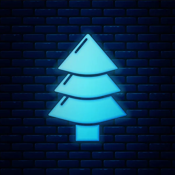 Icona incandescente dell'albero di Natale al neon isolato su sfondo muro di mattoni. Buon Natale e felice anno nuovo. Illustrazione vettoriale — Vettoriale Stock